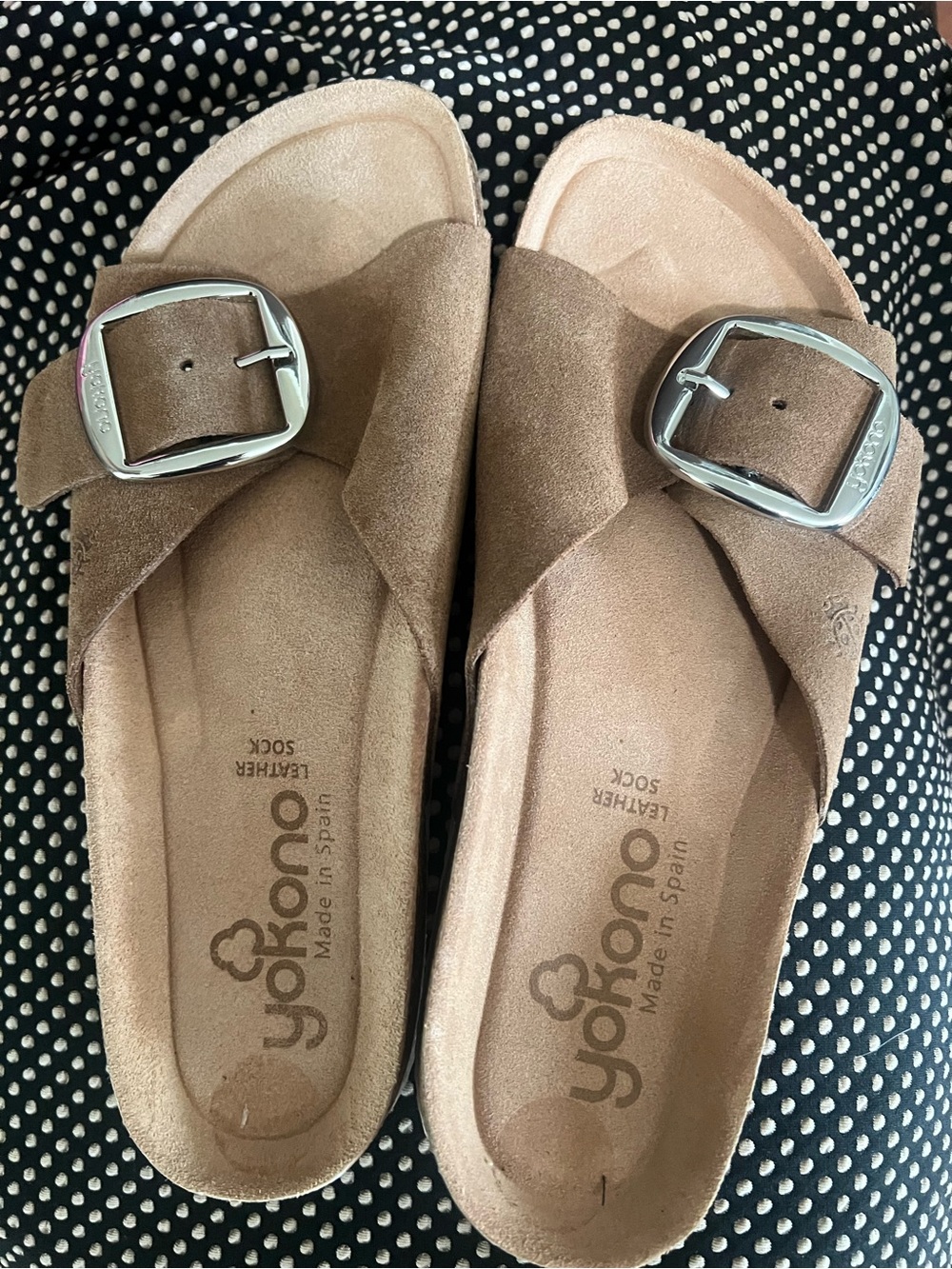 Yokono Tan Suede Buckle Cross-Strap Slide Sandals